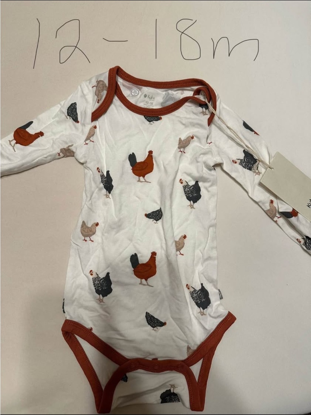 Kyte BABY White Hen-Print Long-Sleeve One-Piece with Rust Trim